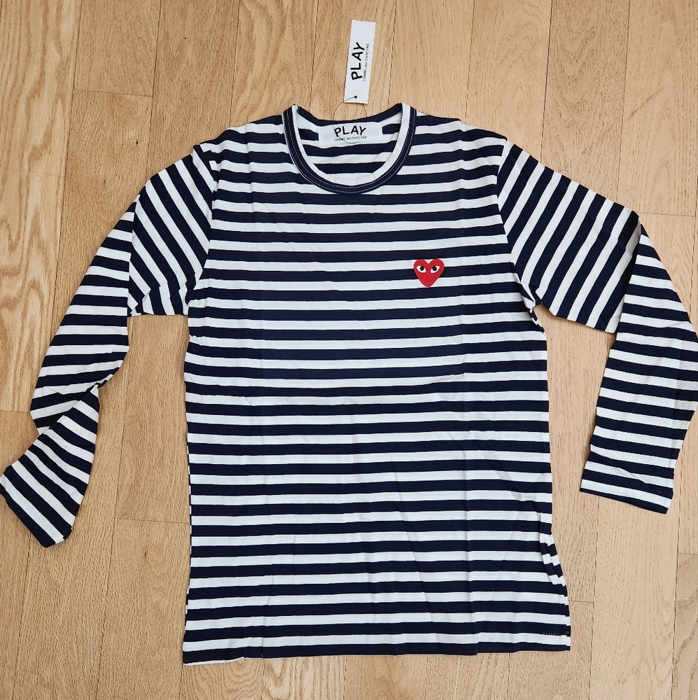 COMME des GARCONS PLAY Men's Medium Blue & White Stripped Long Sleeve Tee